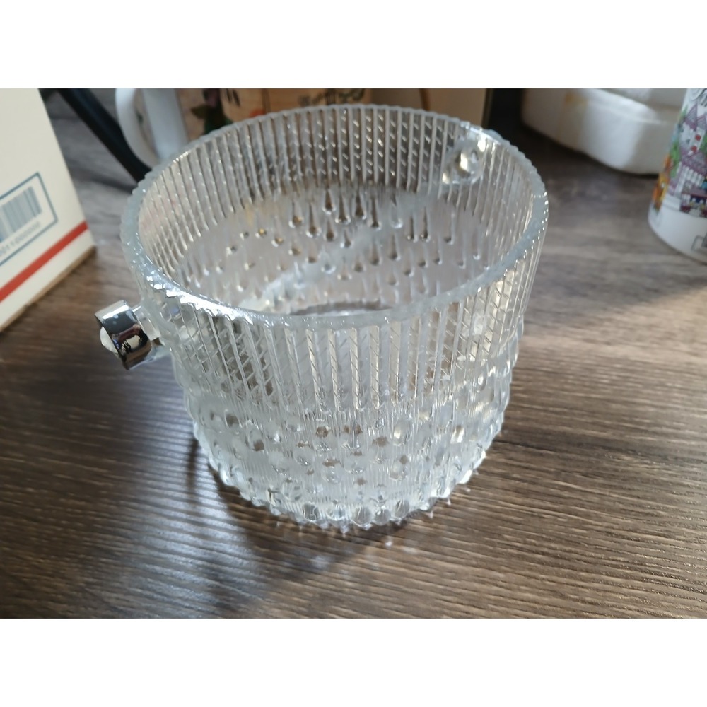 Vintage 5" Glass Ice Bucket w/ Metal Handle & Teardrop Texture - Teleflora?